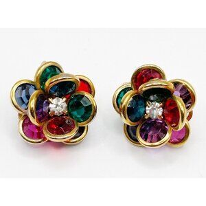 VTG Bezel Set Crystal Flower EARRINGS Clip Back Multi Color Rhinestone Center‎
